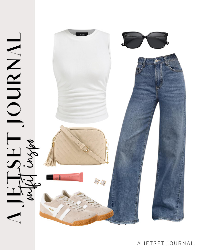 Start your first outfit with a white CIDER ruched tank top and Trendy Queen’s wide-leg jeans. You can wear these Gola sneakers and grab a simple crossbody bag to match the fit. Finish the look with a pair of stud earrings and a touch of e.l.f. Glow Reviver Melting Lip Balm.

#LTKSeasonal #LTKSaleAlert #LTKTravel
 

 
