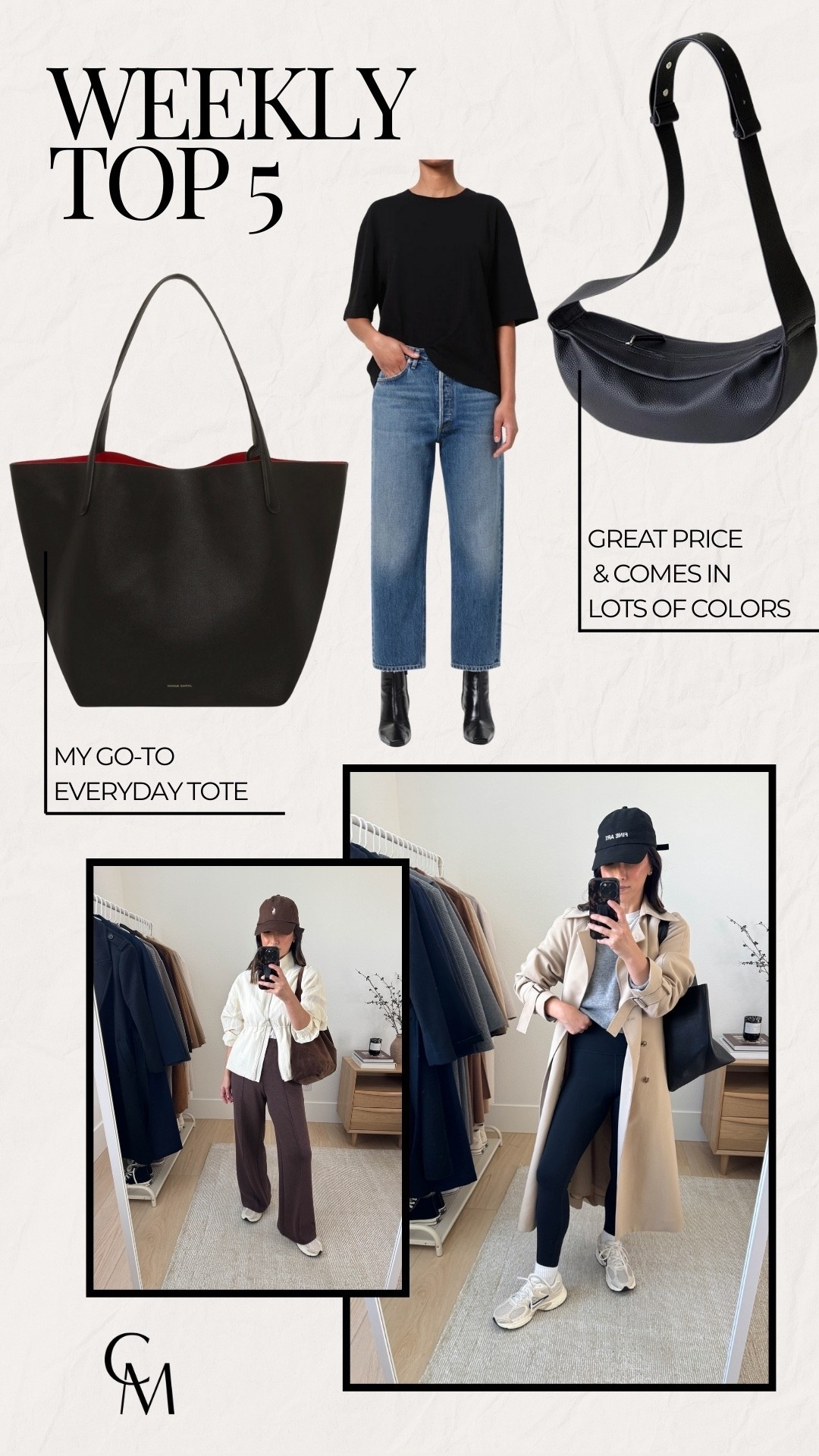 Weekly top 5. Weekly bestsellers. 

AGOLDE mid rise 90 crop- size down. I have the 24. Fits like a high rise. No hemming needed. 
Varley wide leg pant 28"- tts I have the xs
Oak + Fort oversized trench- size down. I have the xxs
Amazon sling bag
Mansur Gavriel everyday tote

Petite style, jeans, purse 

#LTKPetite