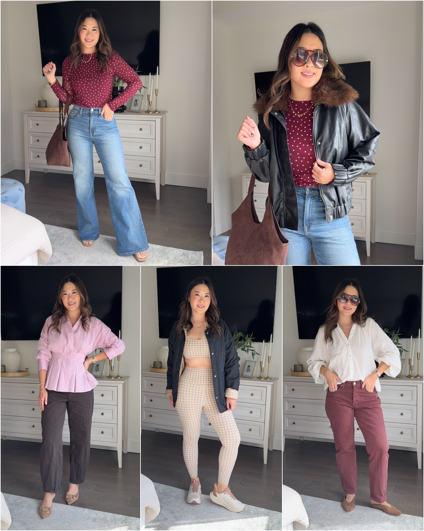 Target New Arrivals // Boujee on a budget // look for less

Polka dot top: Medium (swapping for Small)
High rise flare jeans: 6
Faux leather jacket: Small
Pink top: Small
Brown barrel denim: 6
Workout set: Medium
Black Jacket: Medium
Cream Blouse: Medium
Red Denim: 6