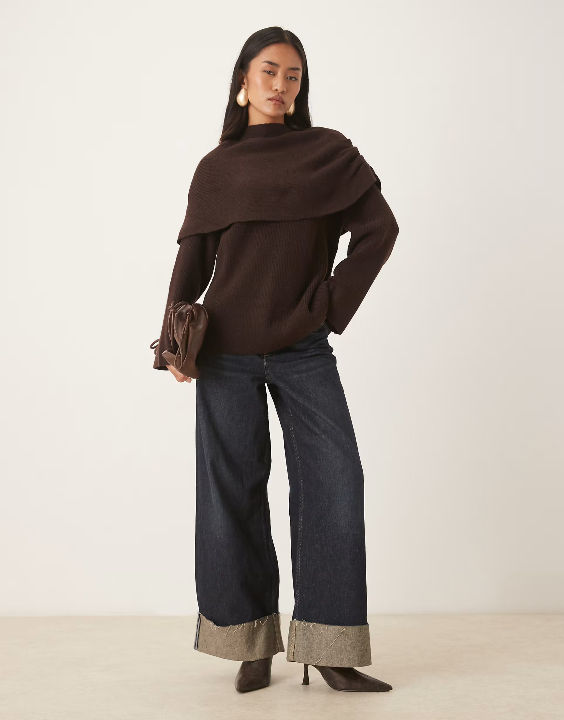 Pretty Lavish knitted exaggerated collar relaxed jumper in chocolate brown | ASOS (Global)