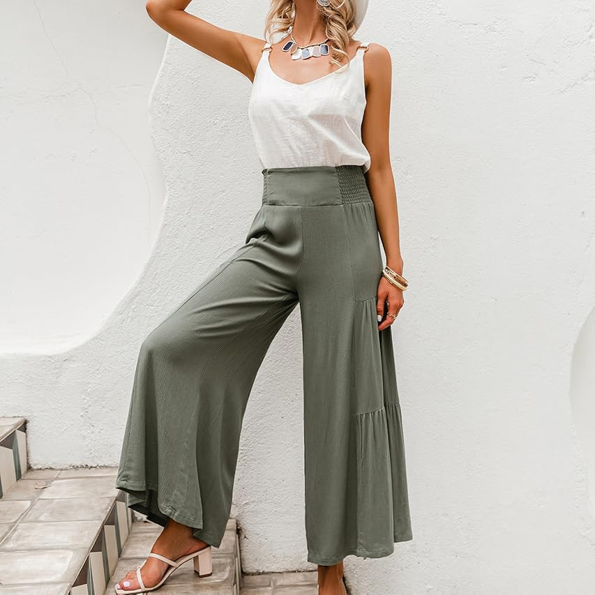 GRACEVINES Women’s Summer Boho Floral Wide Leg Pants Elastic High Waist Loose Casual Beach Palazzo P | Amazon (US)