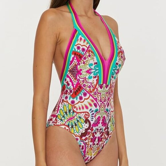 Trina Turk Hawaiian Garden Border Halter Plunge One Piece Swimsut | Poshmark