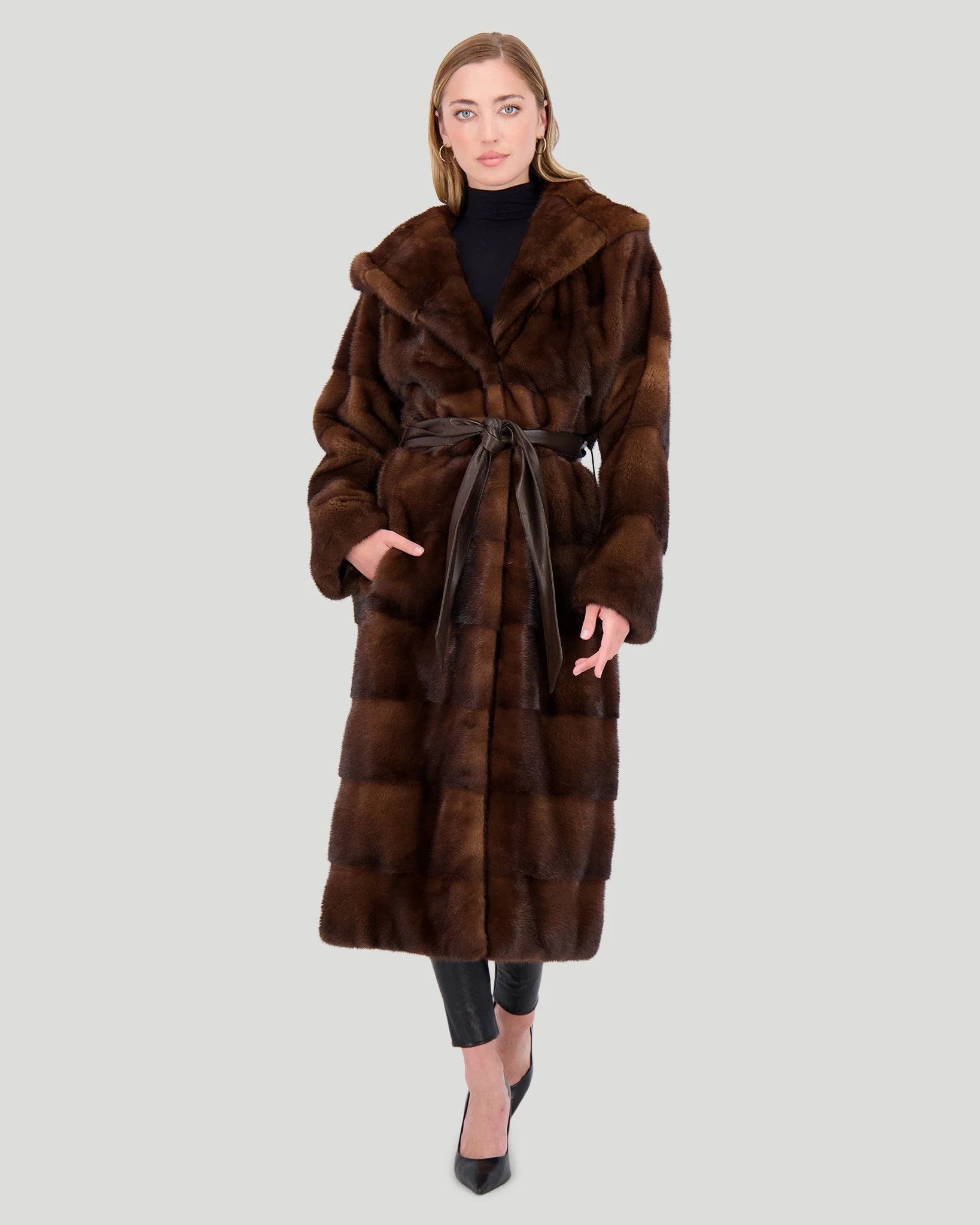 Mink Short Coat With Hood, Leather Belt | Shop Simon
