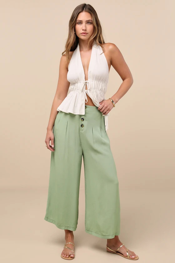 Stroll On Over Sage Green Button-Front Wide-Leg Pants | Lulus