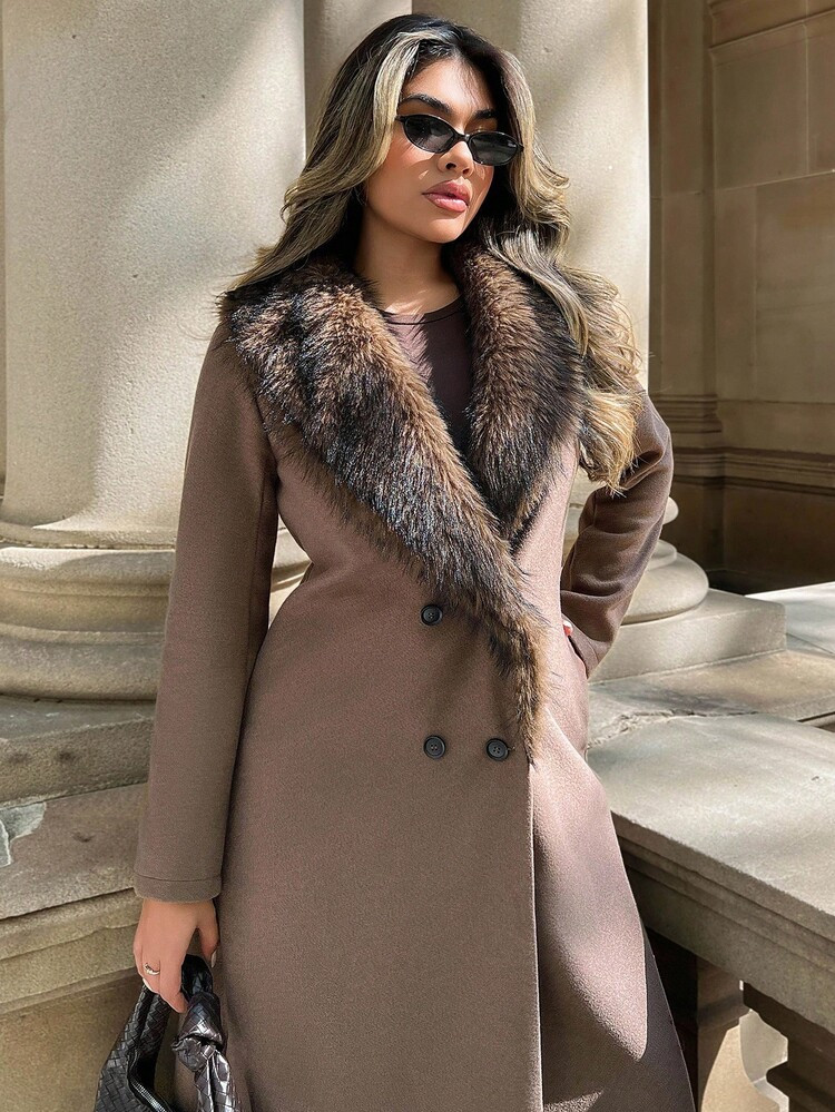 Xyvia Standard Size Women's Long Woolen Coat With Lapel, Fur Collar, Double-Breasted, A-Line, Autumn/Winter | SHEIN