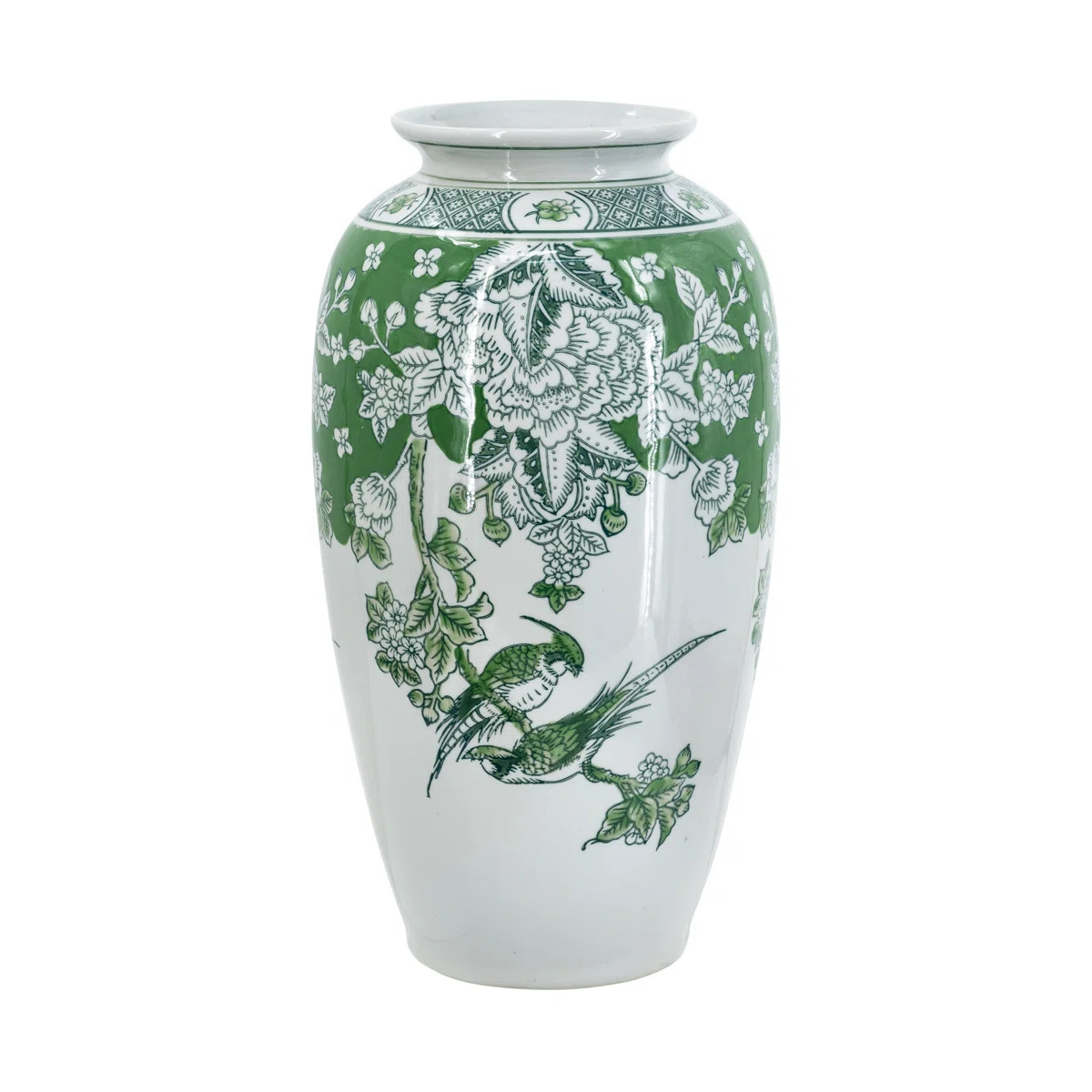 D7.5X14.5" Green And White Porcelain Vase With Nature-Inspired Motifs | Wayfair North America