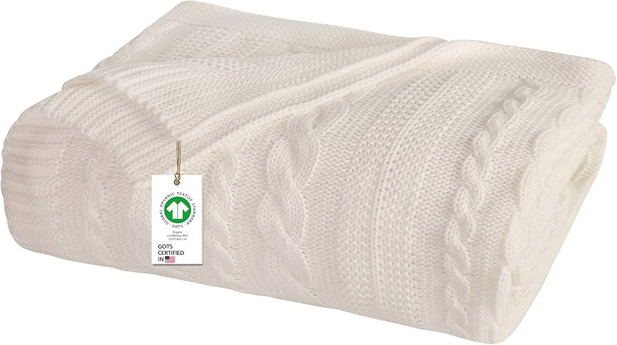 Delara Organic Cotton Throw Blanket 50x70 inches, GOTS Certified Cable Knitted Throws Blanket for... | Amazon (US)
