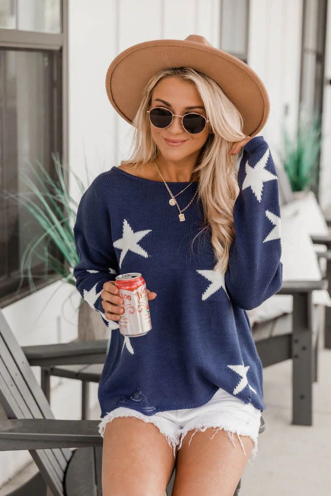 Lost In The Stars Distressed Navy Sweater | The Pink Lily Boutique