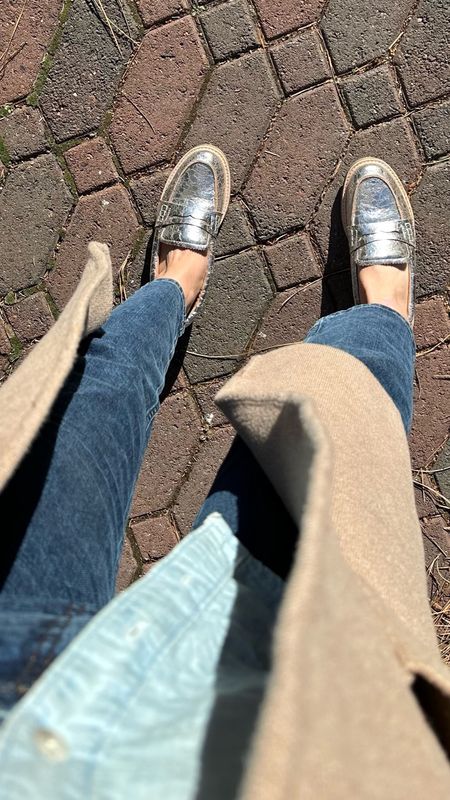 Easy fall outfit idea - distressed silver loafers elevate everything, even the good old Canadian tuxedo! These jeans are my latest go-to, the curvy fit and extra high waist that stays put are perfect with the straight leg!

#LTKSeasonal #LTKstyletip #LTKshoecrush