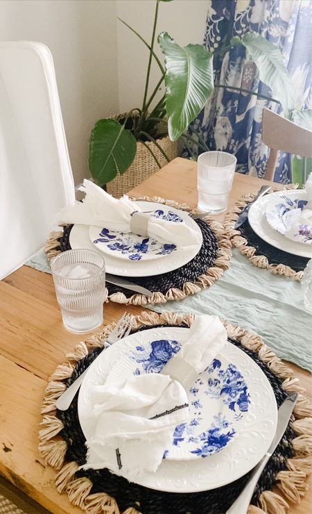 Beautiful brunch tablescape styling with blue and white dessert plates, organic textured charges, ribbed glassware, and a mint linen table runner. 

#LTKSeasonal #LTKxAnthro #LTKhome