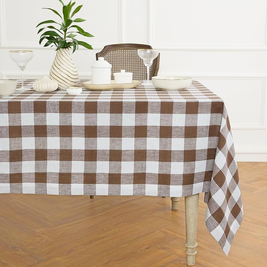 Solino Home Buffalo Check Tablecloth 60 x 108 Inch - 100% Pure Linen Coco Brown and White Plaid T... | Amazon (US)