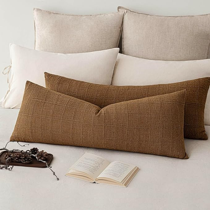 Foindtower Set of 2 Decorative Linen Check Throw Pillow Covers Neutral Long Body Lumbar Cushion C... | Amazon (US)