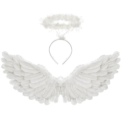 BohoSM Angel Costume Wings and Halo Adult Angel Costumes for Kids Girls Boys Halloween Christmas(White) | Amazon (US)