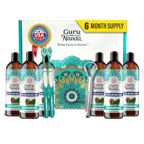 GuruNanda CocoMint Oil Pulling Mouthwash for Complete Oral Hygiene, 7 Essential Oils & Vitamins for Happy Teeth & Gums & Fresh Breath, with 2 Toothbrushes & Tongue Scraper, Alcohol-Free, 6X8 oz | Amazon (US)