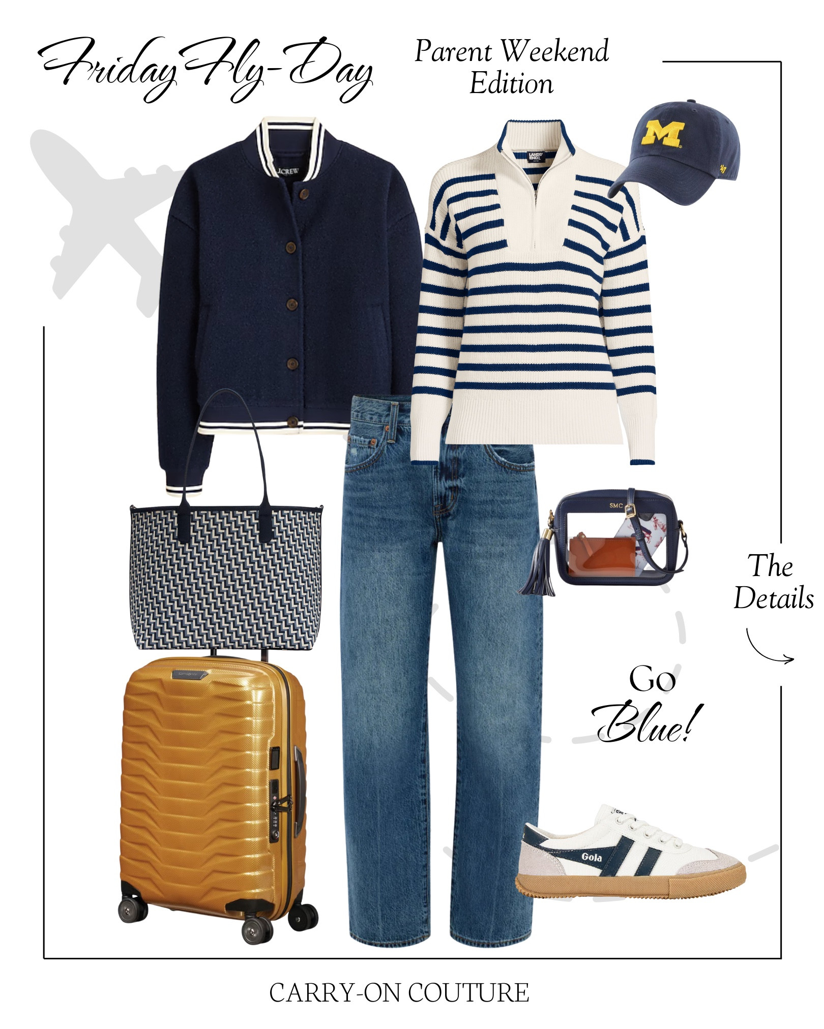 It’s Friday Fly-Day, my favorite day of the week, when we celebrate our love for travel and cute outfits!⁣⁣

This week, we honor all of you who are heading to Parent Weekend Celebrations across the country!  Whether it’s Big 10, the SEC, the ACC…I hope you can use this travel day outfit to inspire you!  Simply substitute your own team colors and you’ll be ready to fly!  

(I have to give a special shout-out to teams “Go Blue” and “Fight On”!)

➡️ The Jacket:  Collegiate style bomber jacket with a classic athletic silhouette - casual for your college campus visit, yet elevated enough for a night out on the town after the big game.

➡️ The Denim:  If you’re hesitantly curious about the barrel jean craze, this pair is the perfect gentle introduction.  It has a slight curvature at the knee while being predominantly straight in design.  It comes in eight different washes and petite sizes, too. 

➡️ The Build-Your-Own Clear Stadium Bag:  Such a fun idea!  Pick your shape, color, and strap.  You can even monogram it!

➡️ The Tote:  Substantial structure and a flat bottom that helps it stand up when you put it down.  Its open-top design makes it perfect for tossing in bulky items…books, snacks, a water bottle, etc.  

➡️ The Carry-on Suitcase: Another beauty from the dependable brand Samsonite, and it’s ULTRA LIGHTWEIGHT!

#LTKTravel #LTKOver40