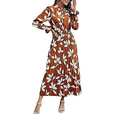 PRETTYGARDEN Women's 2024 Fall Midi Dress Casual Long Sleeve V Neck Swiss Dot Pleated A Line Flow... | Amazon (US)