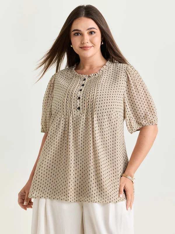 Geometric Print Pleated Ruffled Neck Blouse | Bloomchic