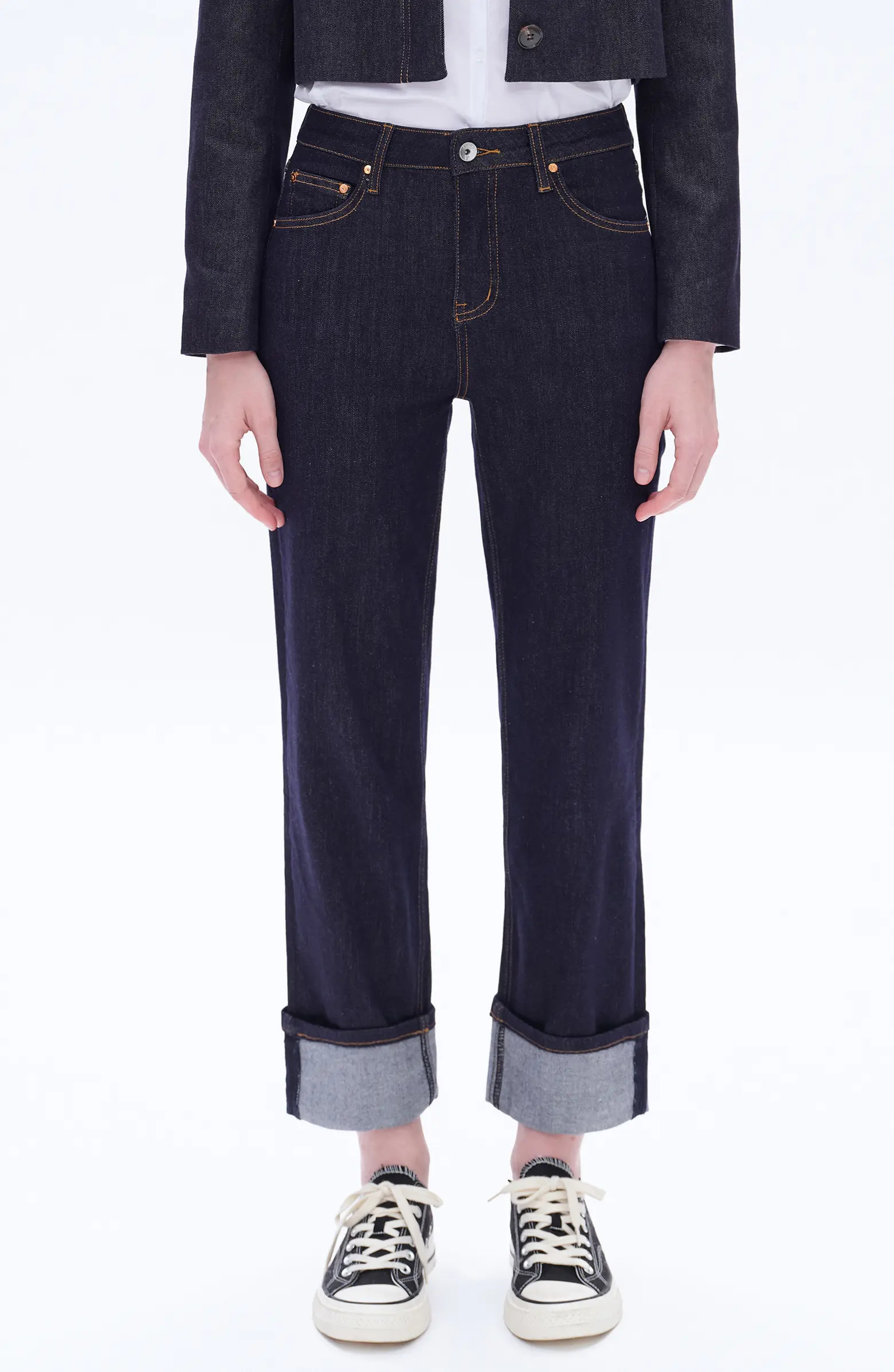 High Waist Deep Cuff Straight Leg Jeans | Nordstrom