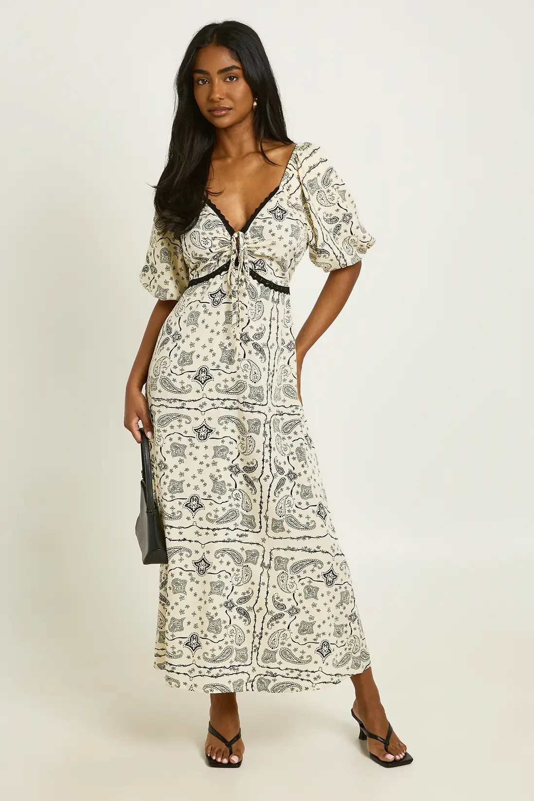 Cream Lace Trim Paisley Print Midaxi Dress | Boohoo USA | boohoo (US & Canada)