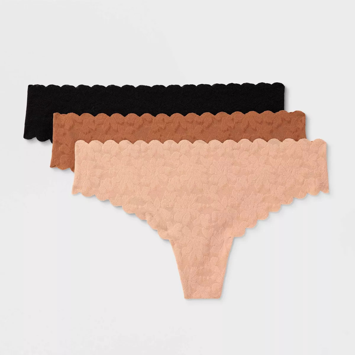 Women's 3pk Invisible Edge Lace Thong Underwear - Auden™ Black/Toffee Crunch/Soft Beige XS | Target