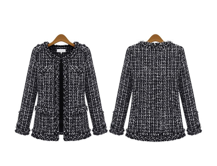 Women's Collarless Open Front Check&Plaid Tweed Short Jacket Coat Black US M - Walmart.com | Walmart (US)