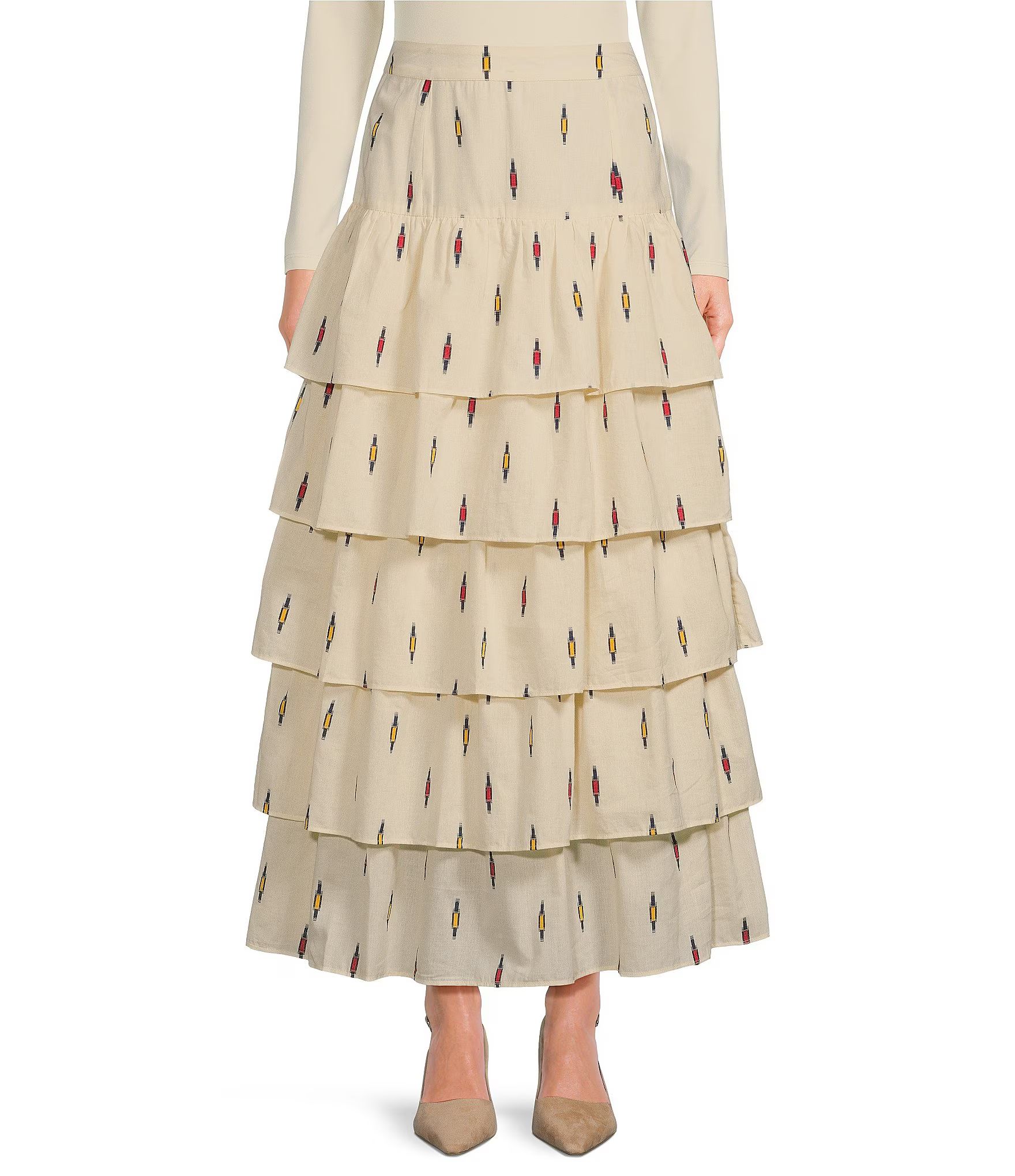 Woven Embroidered High Rise Tiered Ruffle A-Line Midi Skirt | Dillard's