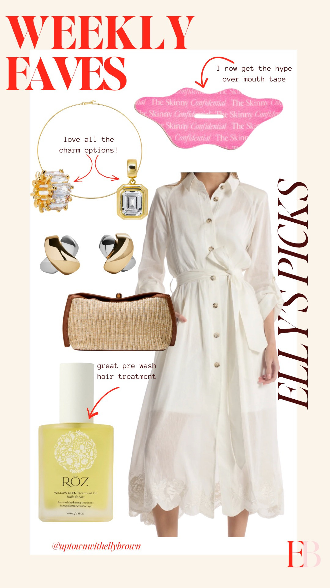 Weekly Favorites I’m Loving—From a Timeless Trench to Beauty Staples That Make a Difference       Linking a similar trench coat. Mine is from Christy Lynn, the Pax Trench - White 

 #roz #hairoil #purse #trenchcoat #charm #necklace