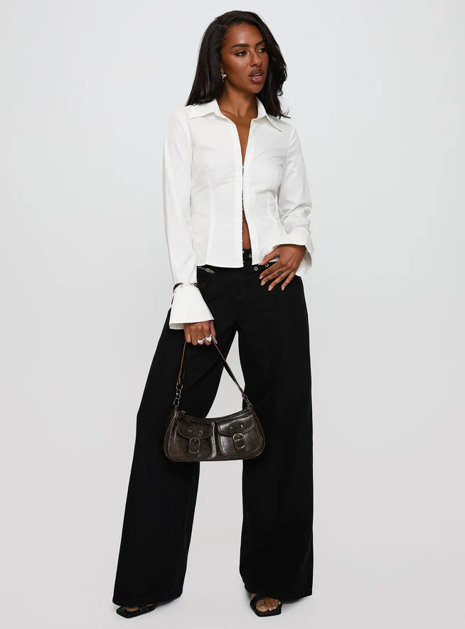 By The Phone Long Sleeve Collared Top White | Princess Polly US