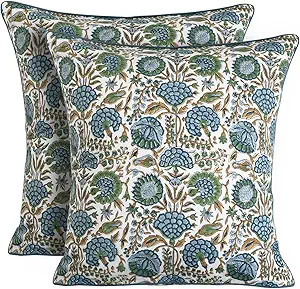 Ridhi Block Print Asparagus Green Pillow Cover 18" x 18" (Pack of 2) Decorative Couch Pillows for... | Amazon (US)