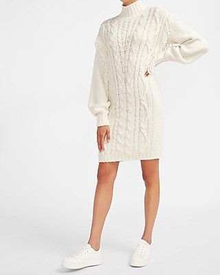 Cable Knit Fringe Shoulder Sweater Dress | Express