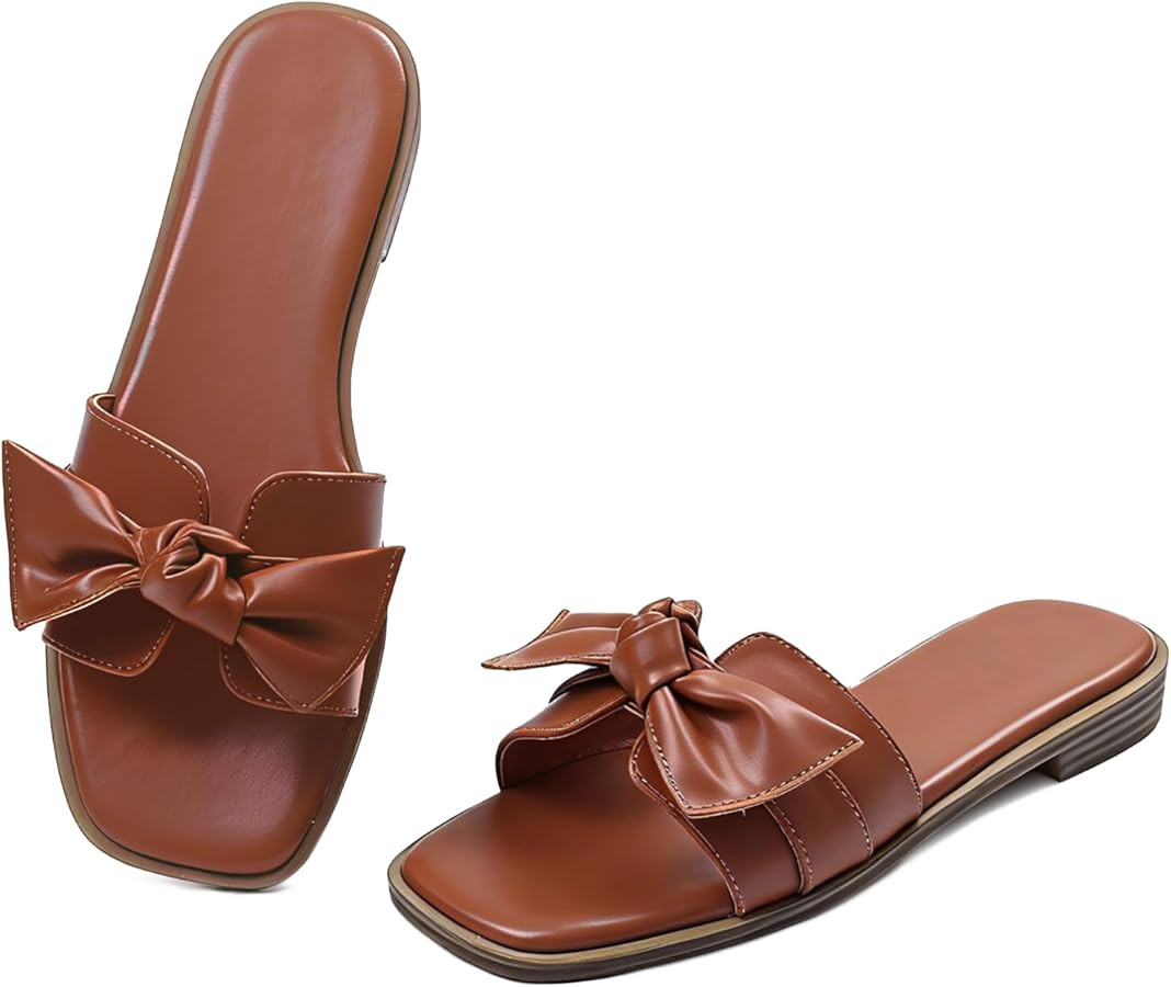 Womens Flat Sandals Bow Square Open Toe Slip On Sandals Dressy Comfortable Summer Beach Sandal Ca... | Amazon (US)