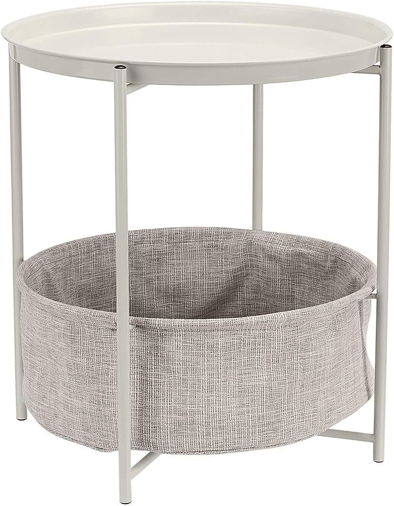 Amazon Basics Round Storage End Table, Side Table with Cloth Basket, White/Heather Gray, 18 in x ... | Amazon (US)
