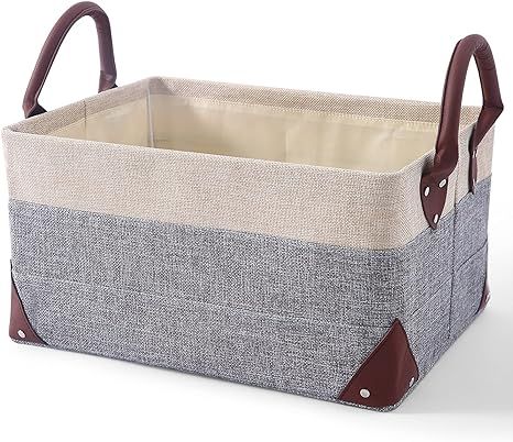 Storage Baskets for Organizing - Linen Fabric Storage Basket with PU Leather Handles for Home Off... | Amazon (US)