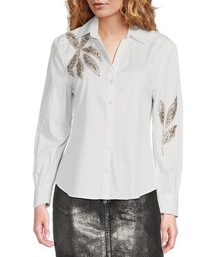 Woven Poplin Sequin Embroidered Point Collar Dropped Long Sleeve Shirttail Button Down Shirt | Dillard's