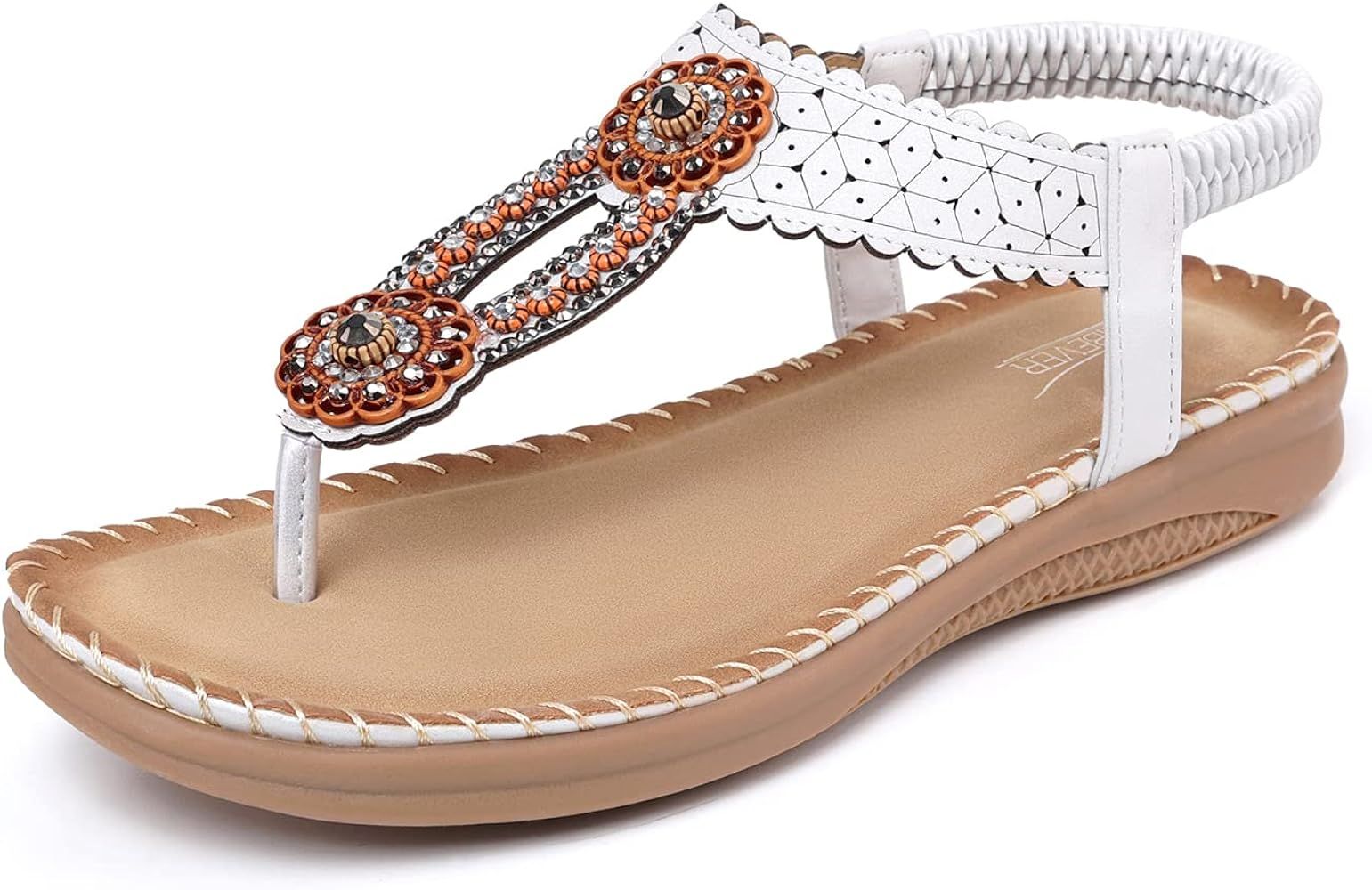 SHIBEVER Sandals for Women Bohemian Flat Rhinestone Comfortable Beaded Open Toe Elastic Back Summ... | Amazon (US)