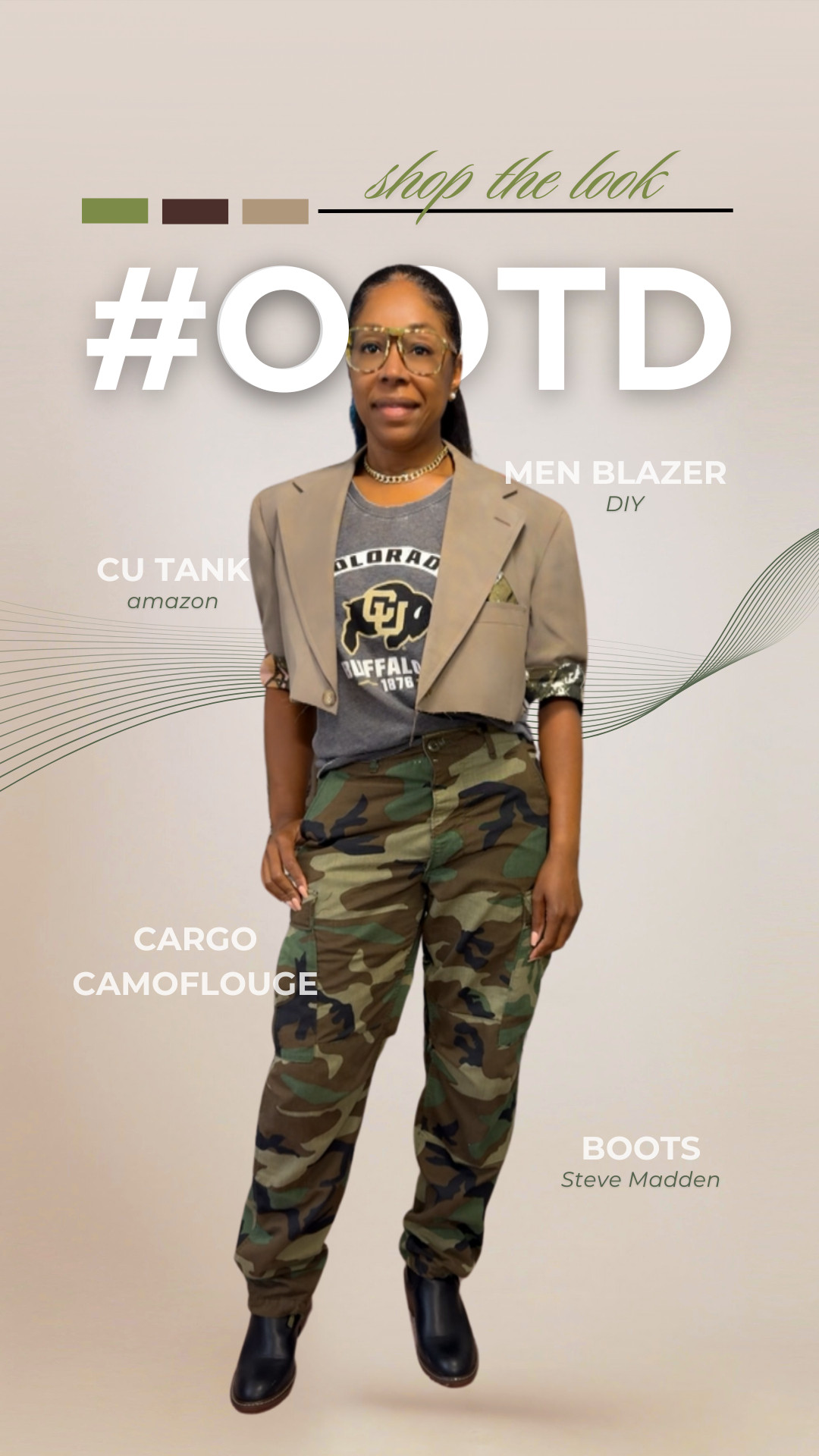 oday’s look is powered by a CU tank from Amazon, a DIY cropped men’s blazer, and camo pants that say “I’m stylish... but I stay ready.”
Add in those classic Steve Madden boots and baby—we’re stepping with purpose & presence 💪🏾✨

🧥 Blazer: Men’s, but flipped it feminine & fierce (DIY magic)
👕 CU Tank: Amazon find with home team pride
👖 Cargo Camo: Function, fashion, and fly all day
👢 Boots: Steve Madden—bold and bossy
🖤 Confidence: Custom fitted

Tap my LTK to shop this look and create your own remix of rugged and refined.
#GlammaInCamo #CUStyle #DIYBlazerFlip #LTKFallFit #StreetwearWithStructure #BlackGirlStyle #AmazonFashionFinds #GameDayStyle #OOTDRemixed #CargoCutie 

 

#LTKOver40 #LTKStyleTip #LTKBeauty