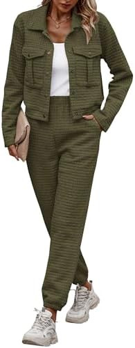 PRETTYGARDEN Womens Two Piece Sets Fall 2025 Long Sleeve Button Down Shacket Jacket Long Sweatpan... | Amazon (US)