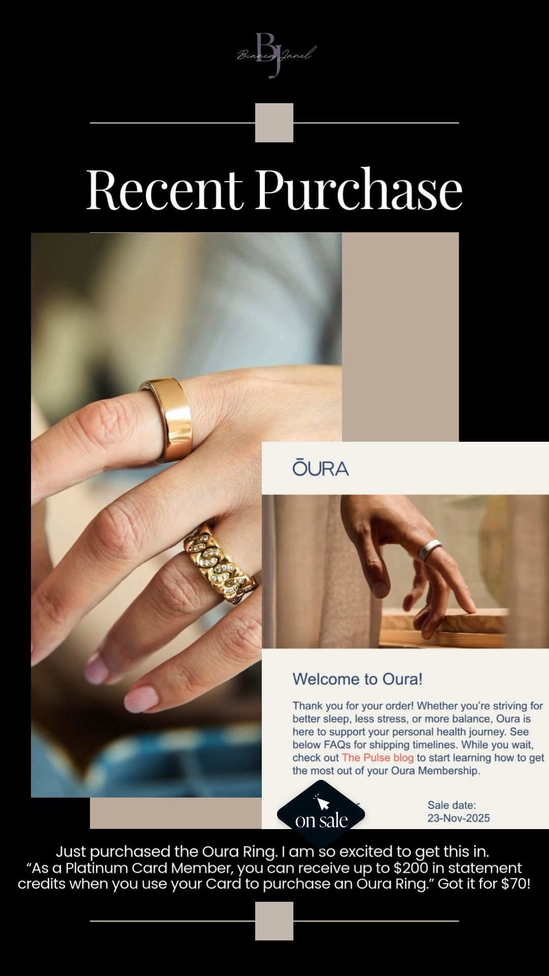 Just added the Oura Ring to my wellness lineup ✨

I grabbed the testing kit to make sure I picked the perfect fit, plus some cute ring covers to protect it while I’m living life (and still keeping my rings stackable + aesthetic 💁🏻‍♀️).

Already obsessed with tracking my sleep, steps, and recovery,  it’s giving main character wellness energy.

#OuraRing #WellnessTools #SleepTracking #biancajanel #LTKFinds 



#LTKCyberWeek #LTKGiftGuide #LTKHoliday