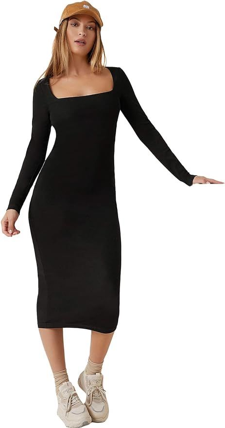 Verdusa Women's Basic Square Neck Long Sleeve Bodycon Pencil Dress | Amazon (US)