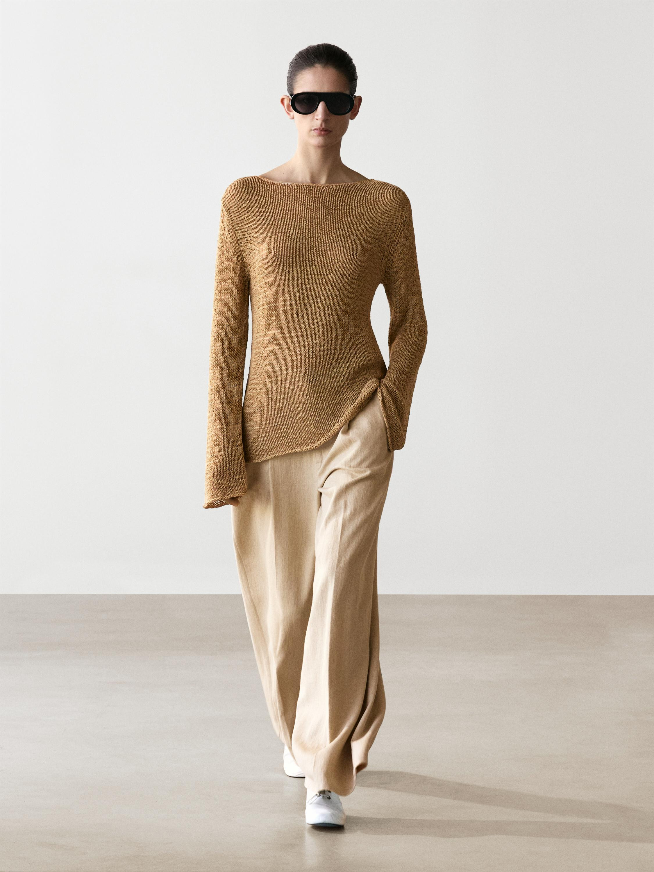 Cotton blend knit boat neck sweater | Massimo Dutti UK