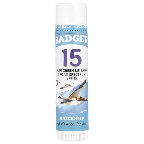 Badger Sunscreen Lip Balm SPF 15, Organic Mineral Sunscreen SPF Lip Balm with Zinc Oxide, Reef Friendly, Broad Spectrum, Water Resistant, Unscented, .15 oz | Amazon (US)