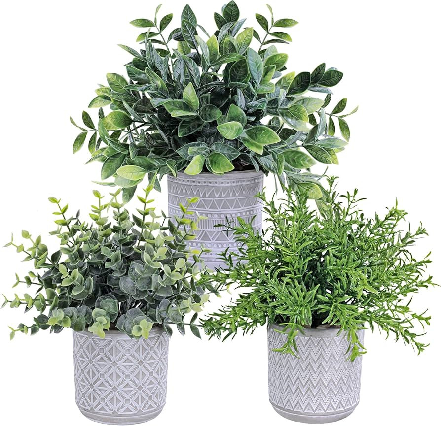 Set of 3 Assorted Small Potted Plants Fake Eucalyptus and Rosemary Plants in Gray Geometric Concr... | Amazon (US)
