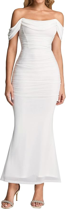 KUTUMAI Off The Shoulder Maxi Long Dress Corset Ruched Bodycon Cocktail Formal Wedding Guest Dres... | Amazon (US)