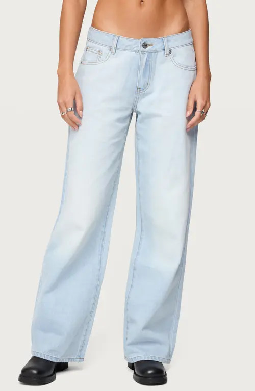 EDIKTED Magda Acid Wash Low Rise Wide Leg Jeans in Light-Blue at Nordstrom, Size Large | Nordstrom