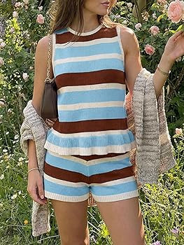 Tankaneo Womens 2 Piece Sweater Short Sets Knit Summer Casual Striped Sleeveless Peplum Tank Top ... | Amazon (US)