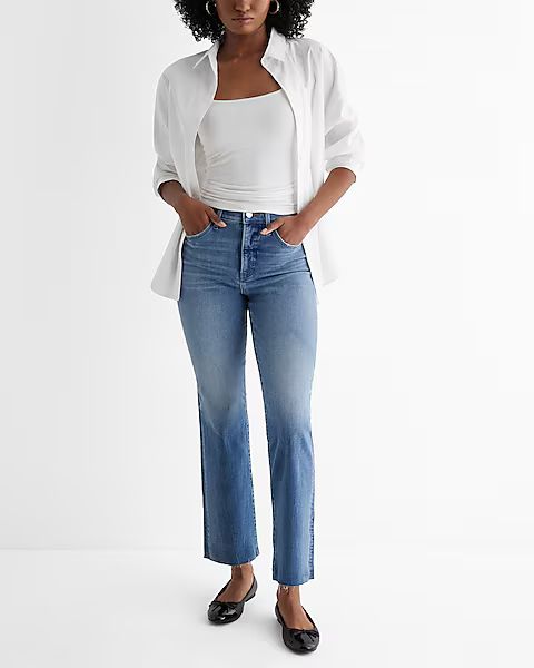 High Waisted Light Wash Raw Hem Straight Ankle Jeans | Express (Pmt Risk)