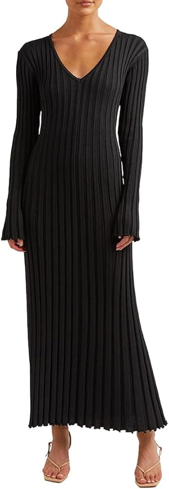 Juakoso Women Ribbed Knit Maxi Dress Sexy Backless Long Sleeve Bodycon Long Dress Slim Flit Flowy... | Amazon (US)