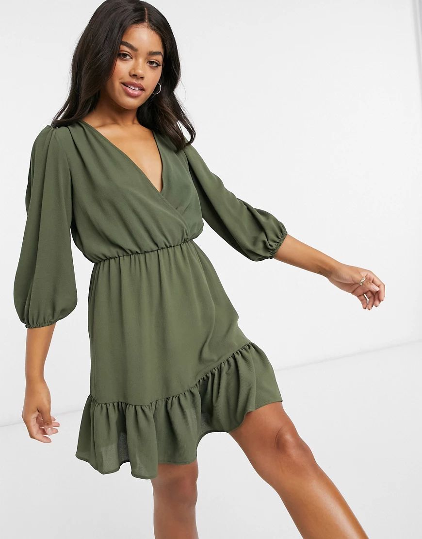 ASOS DESIGN wrap front ruffle hem mini tea dress with puff sleeves in khaki-Green | ASOS (Global)