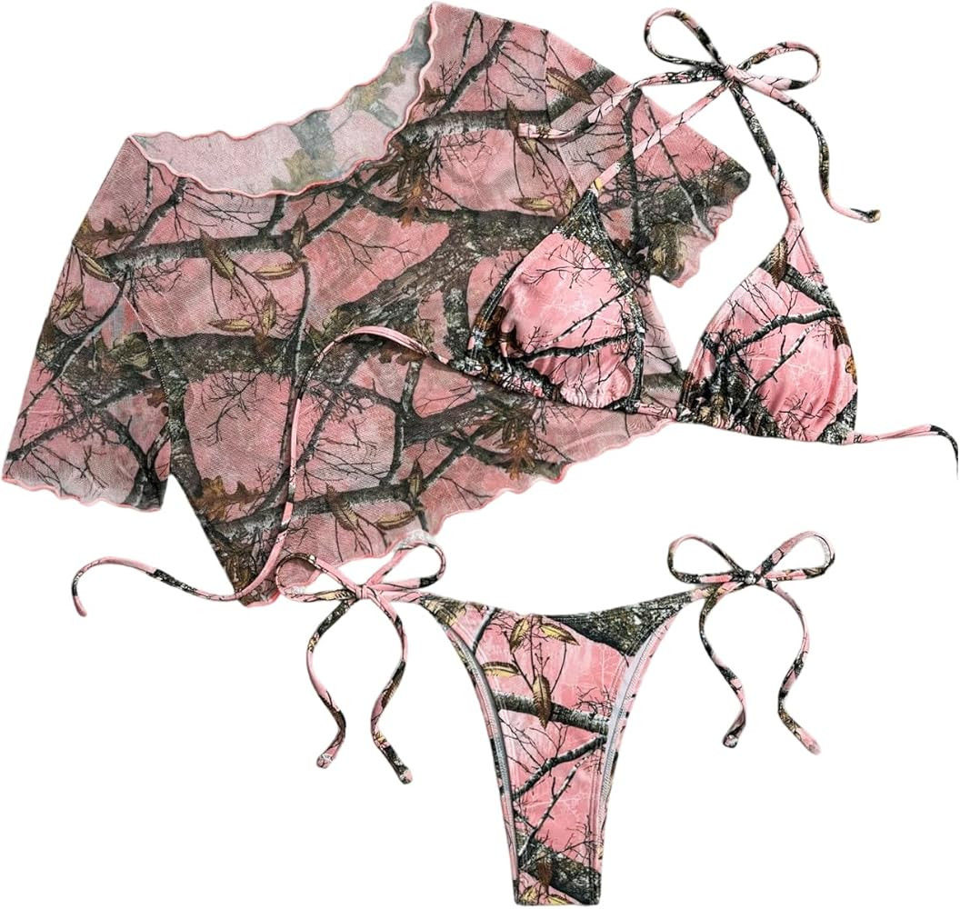 Verdusa Women's 3 Piece Camo Halter Swimsuit Triangle String Thong Bikini Set with Coverup Top | Amazon (US)