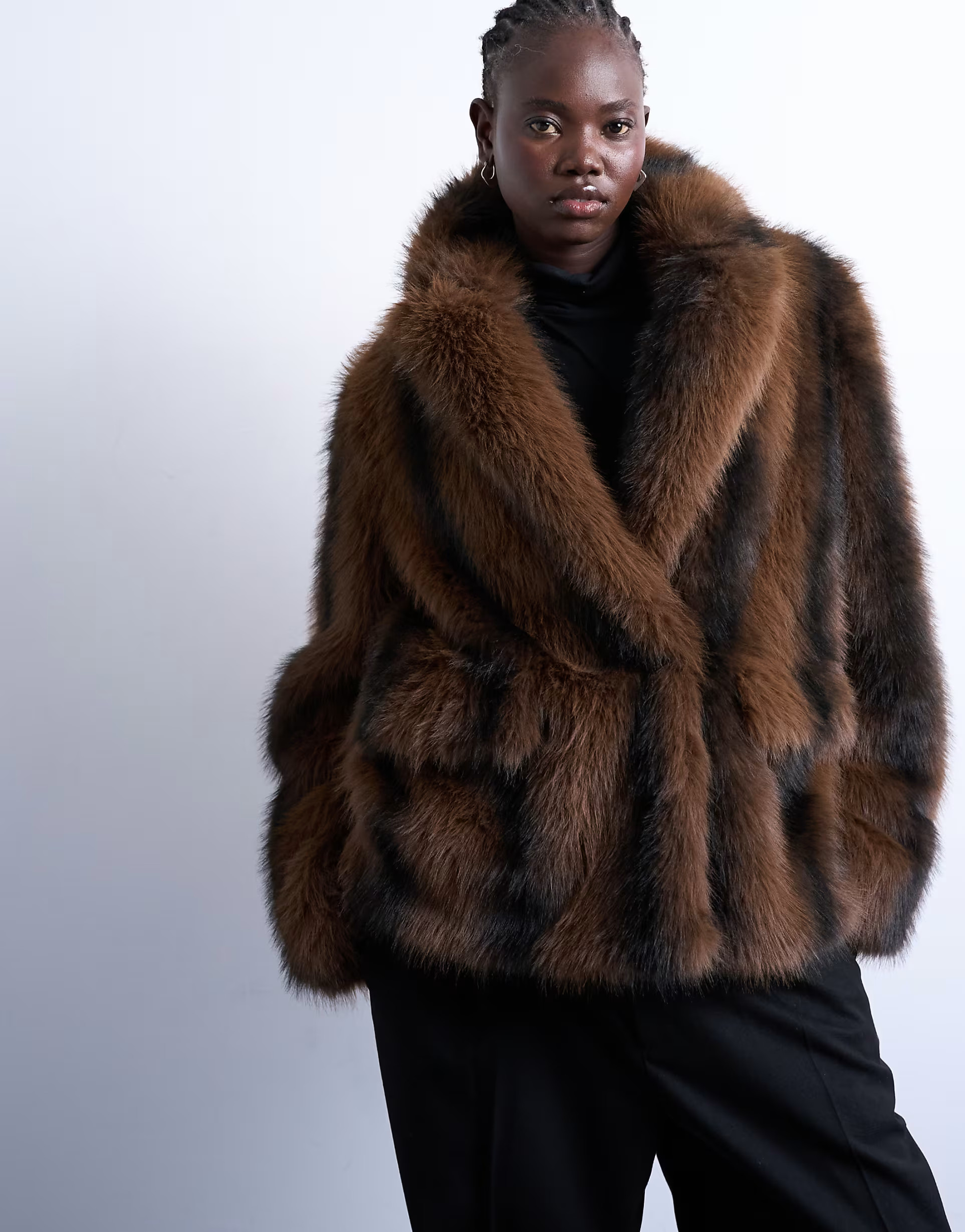 Topshop faux fur boxy blazer coat in brown stripe | ASOS (Global)